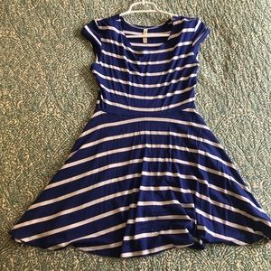 Blue & white A-line dress with cap sleeves.